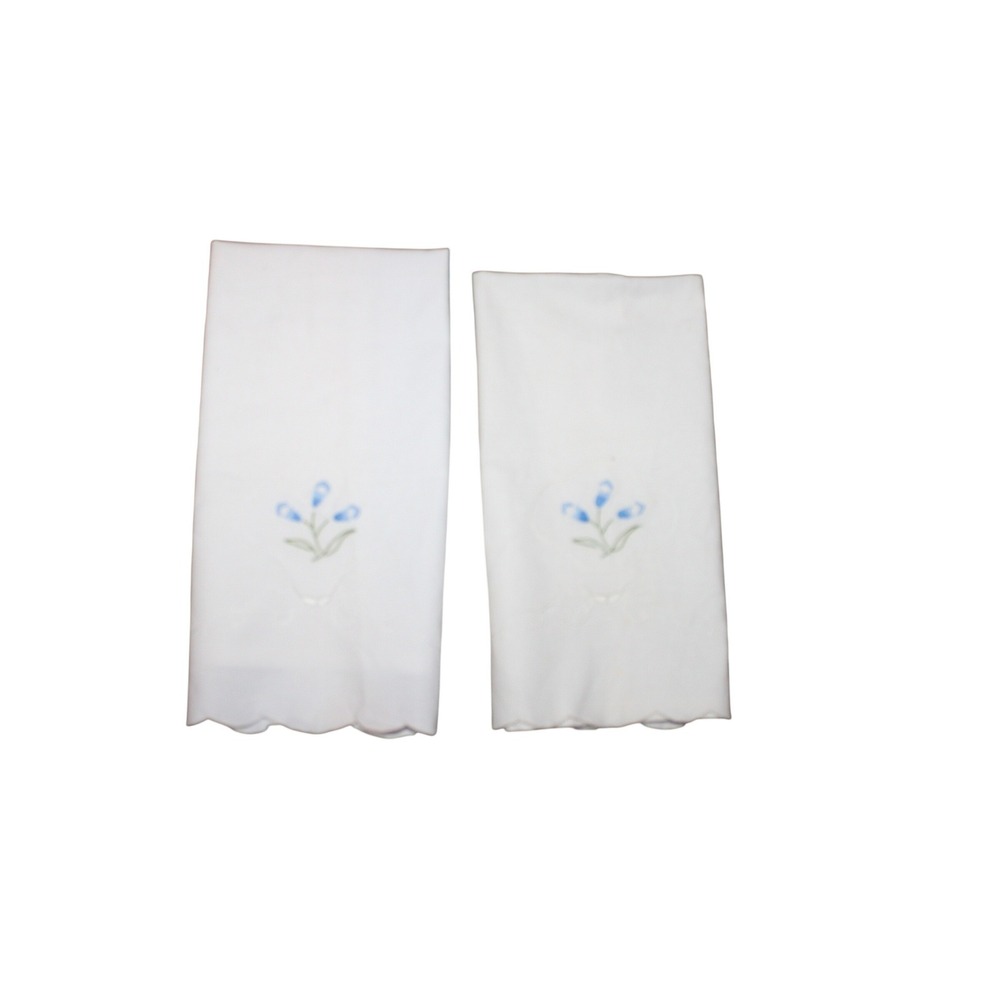 Set of 2 Vintage Hand Towels Blue‎ Floral Embroidery, Scalloped Edge